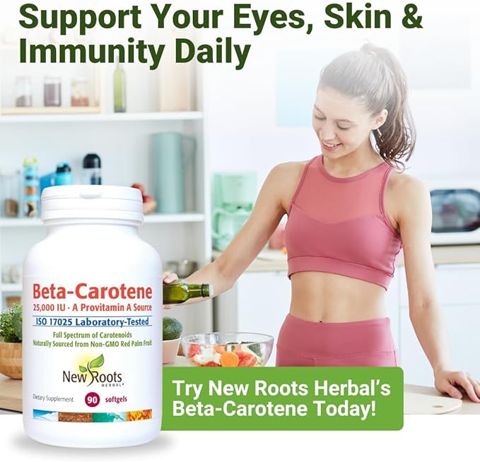 NEW ROOTS HERBAL Beta-Carotene 25000 IU Supplements | Vitamin A (90 Softgels) | Full Spectrum of Carotenoids | Naturally Sourced from Non-GMO Red Palm Fruit + Organic Flax Seed Oil