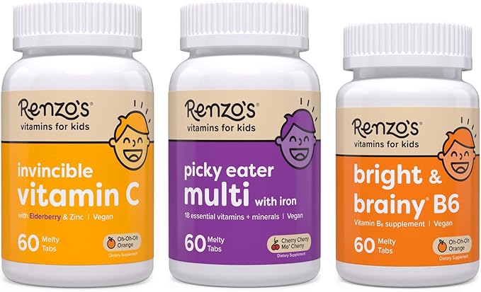 Renzo's Vitamins Back to School Bundle Bright &amp Brainy Vitamin B6 Picky Eater Kids Multivitamin and Kids Vitamin C with Elderberry &amp Zinc for Immune Support