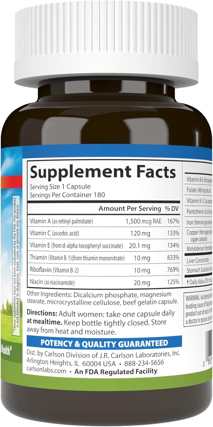 Carlson - Women's Iron Restore 28 mg Iron + B Vitamins Menstrual Support Iron Absorption &amp Women's Health 180 Capsules