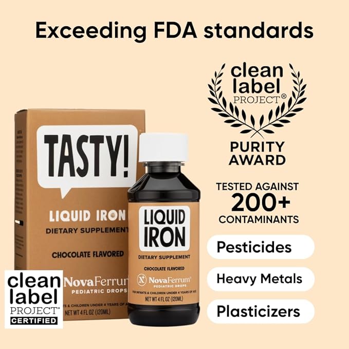 NovaFerrum Tasty | Pediatric Drops Liquid Iron Supplement for Infants Toddlers &amp Kids | 15mg of Iron Per 1mL Dose | Ages 4 &amp Under | Gluten Free | Sugar Free | Chocolate Flavored | 120 Servin