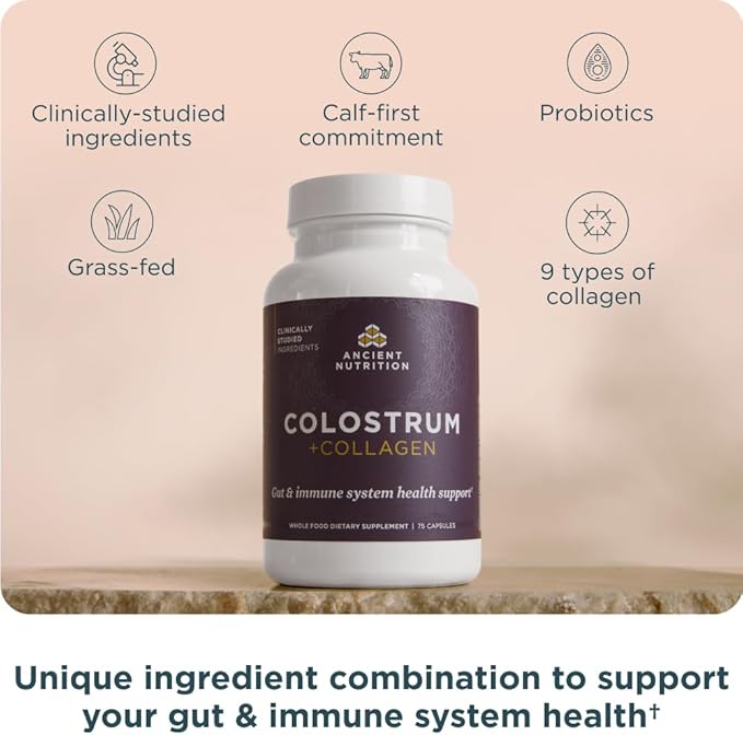 Ancient Nutrition Colostrum Superfood + Collagen Grass Fed Bovine Colostrum Fermented Eggshell Membrane Collagen Supports Healthy Gut Microbiome and Immune System 75 Count
