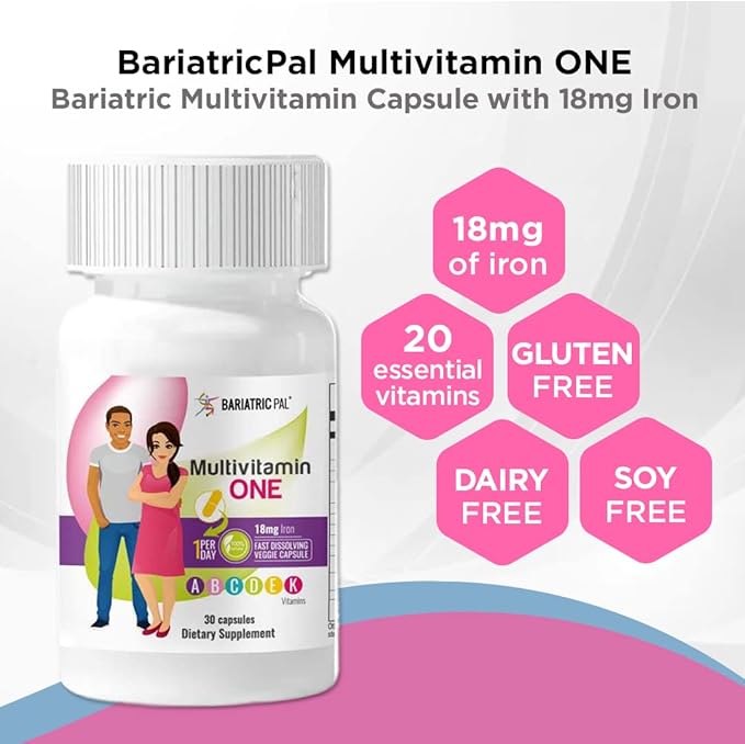 BariatricPal 30-Day Bariatric Vitamin Bundle Multivitamin ONE 1 per Day! Capsule with 18mg Iron Easy Swallow Calcium Citrate (600mg) and D3 Coated Tablets