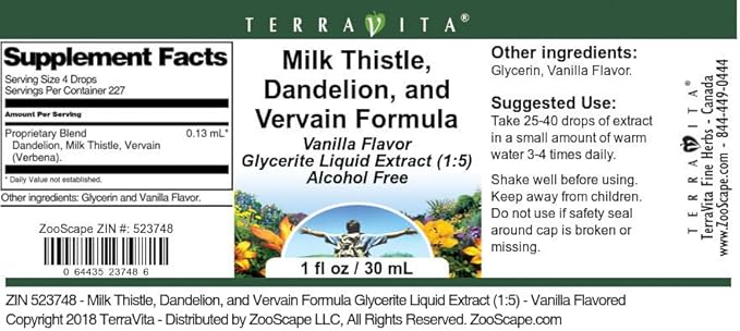 Terravita Milk Thistle Dandelion and Vervain Formula Glycerite Liquid Extract (1:5) - Vanilla Flavored (1 oz ZIN: 523748)