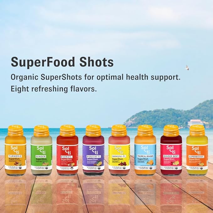 Sol-ti Organic Tropical Ginger SuperShot Drink Aids in Collagen Production and Promotes Skin Elasticity SuperFood Cold-Pressed Fruit Juice Blend 12 Pack (2.1 Fl oz)