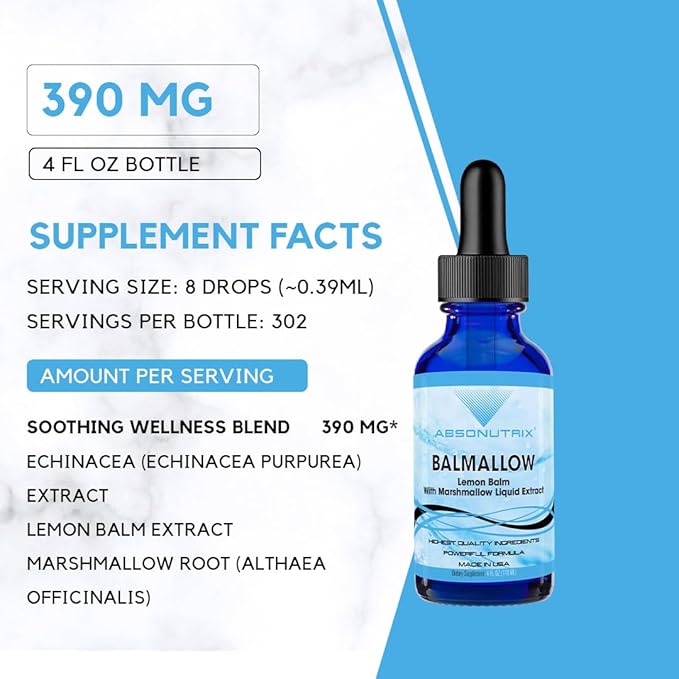 Absonutrix Balmallow 390 mg 4 FL OZ Liquid 302 Servings Made in USA Plant-Based Ingredients Echinacea Extract Lemon Balm Extract Gluten-Free Non-GMO