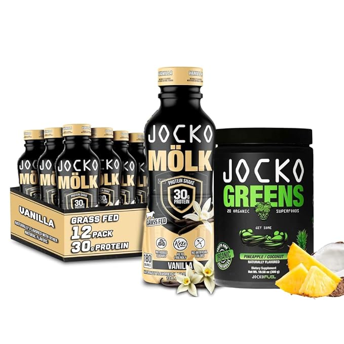 Jocko Mölk Grass Fed Protein Shakes - Ready to Drink (pack of 12) Vanilla + Jocko Fuel Daily Greens Pineapple Coconuts