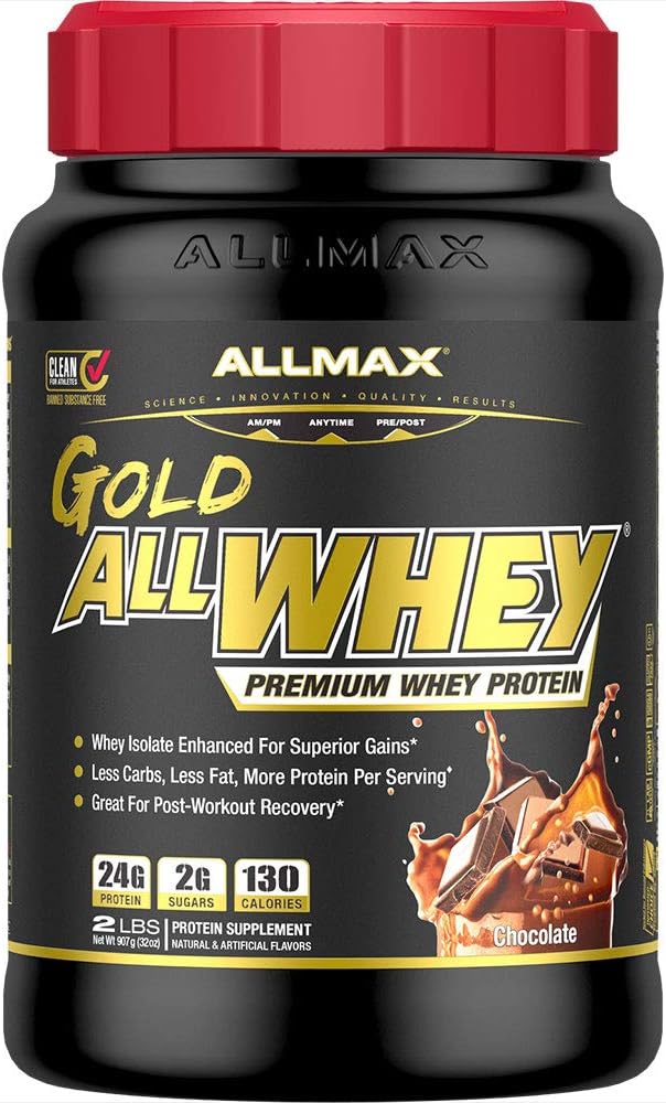 ALLMAX Gold ALLWHEY Chocolate - 2 lb - 24 Grams of Protein Per Scoop - Gluten Free Low Carb &amp Low Sugar - Approx. 30 Servings