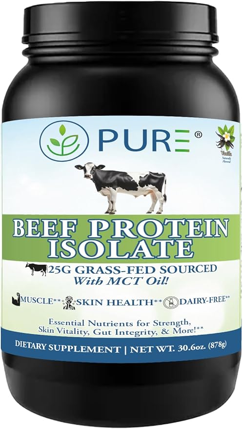 PURE® Grass-Fed Beef Protein Isolate Powder - 25g Protein 28 Servings - Dairy-Free Paleo &amp Keto Friendly Protein - with MCT Oil Probiotics &amp Natural Collagen - No Whey or Lactose - Vanilla 8