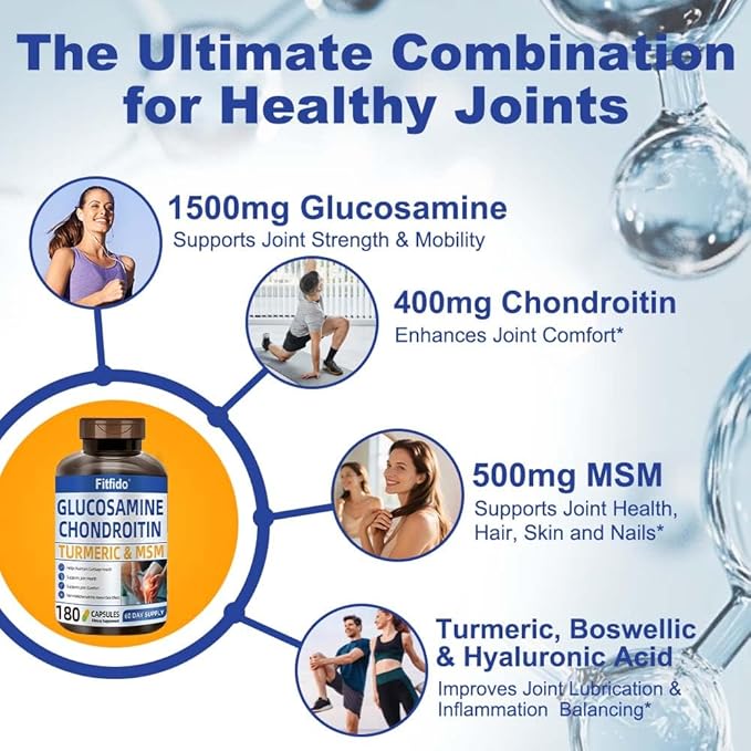 Glucosamine Chondroitin MSM and Turmeric Supplement - Used for Cartilage &amp Joint Health &amp Flexibility - for Women &amp Men - Non-GMO Gluten Free 180 Capsules
