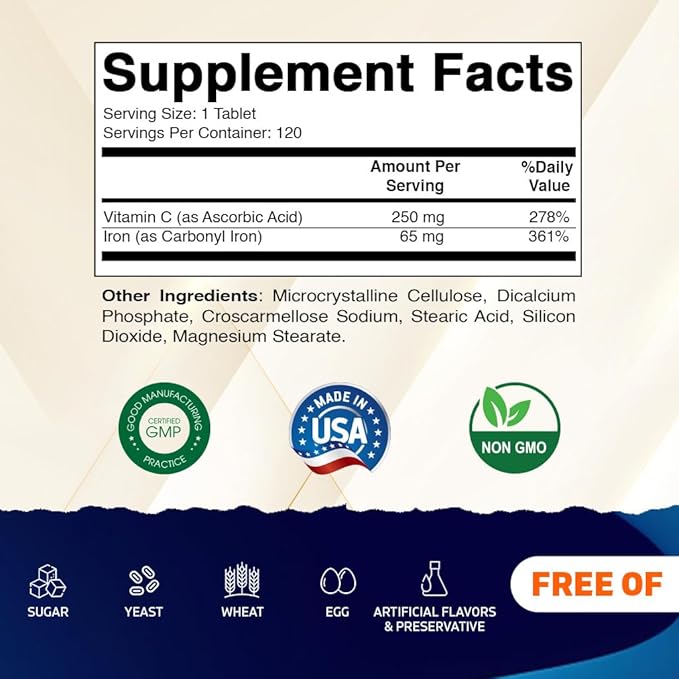 Vitamatic Carbonyl Iron 65 mg with Vitamin C – 120 Tablets - Gentle Iron Supplement for Energy &amp Immune Support – High Absorption – 2 Pack