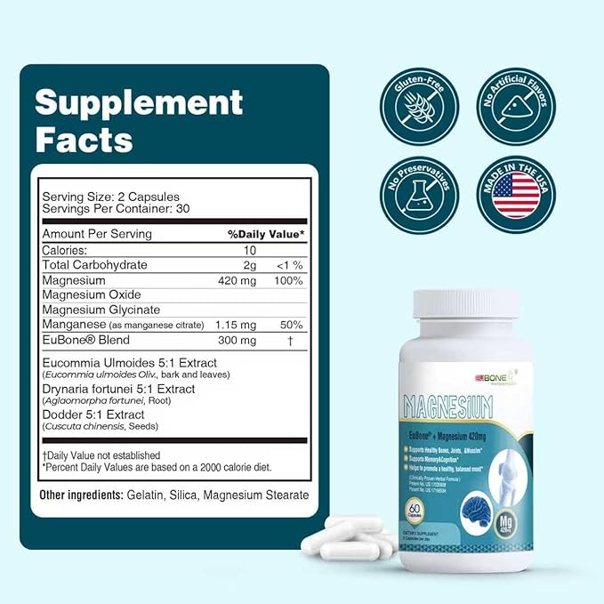 Magnesium Oxide and Glycinate Extra Strength 420mg High Absorption Magnesium Supplement with EuBone and Manganese Support Muscle Joint &amp Bone Health Improve Mood &amp Cognitive 60 Capsules