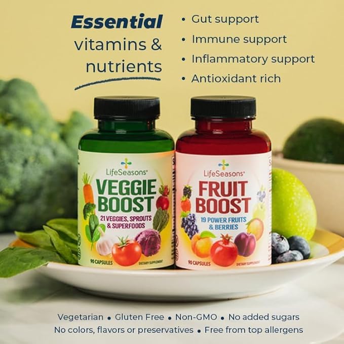 LifeSeasons Fruits &amp Veggies Supplements - 40 Fruit &amp Vegetable Superfoods - Nutritional Support for Immunity and Wellness - Vitamins Minerals &amp Antioxidants - 3X Potency - 90 Count (Pack
