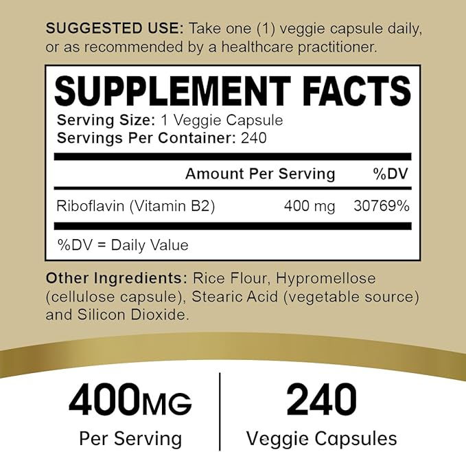 Riboflavin Vitamin B2 Supplement - B-2 Vitamin - Boosts Energy Metabolism &amp Cellular Function - Daily Nutritional Supplements for Men &amp Women - 400 mg Capsules - 240 Count