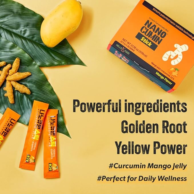 NANOCUMIN Curcumin Jelly Stick with Turmeric Extract Mango Flavor | 60mg Curcuminoids per Stick | 30 Count | Tasty Korean Daily Supplement for Energy &amp Wellness