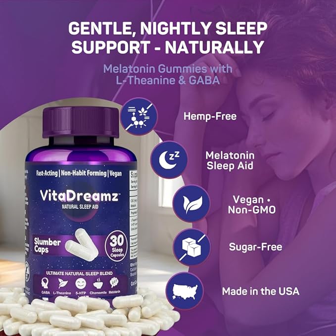 Melatonin Capsules for Sleep - Natural Sleep Aid Supplement with L-Theanine &amp GABA - SleepEZ Pillowz 30 Count