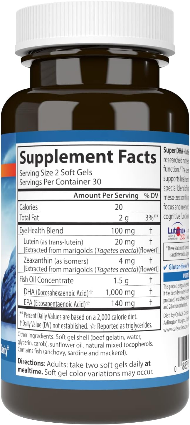 Carlson - Super DHA Plus Lutein 1000 mg DHA + 20 mg Lutein 60 Softgels