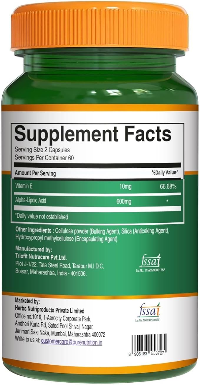 Pure Nutrition Alpha Lipoic Acid 600mg + Vitamin E | 120 Caps | Powerful Antioxidant to Support Nerve &amp Heart Health*. | Non-GMO