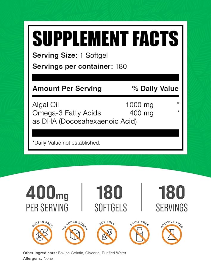 BulkSupplements.com Omega-3 Softgels - from Algal Oil Algae Oil Omega 3 Supplement - Gluten Free 1 Softgel per Serving 180 Count (Pack of 1)