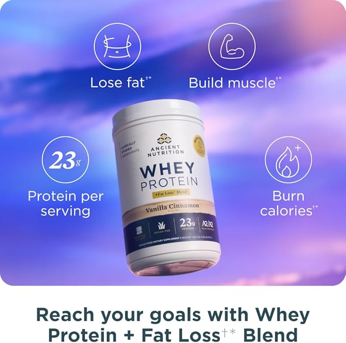 Ancient Nutrition Grass-fed Whey Protein Powder Milk Chocolate 20 Servings + Grass-fed Whey + Fat Loss Protein Powder Vanilla Cinnamon 20 Servings