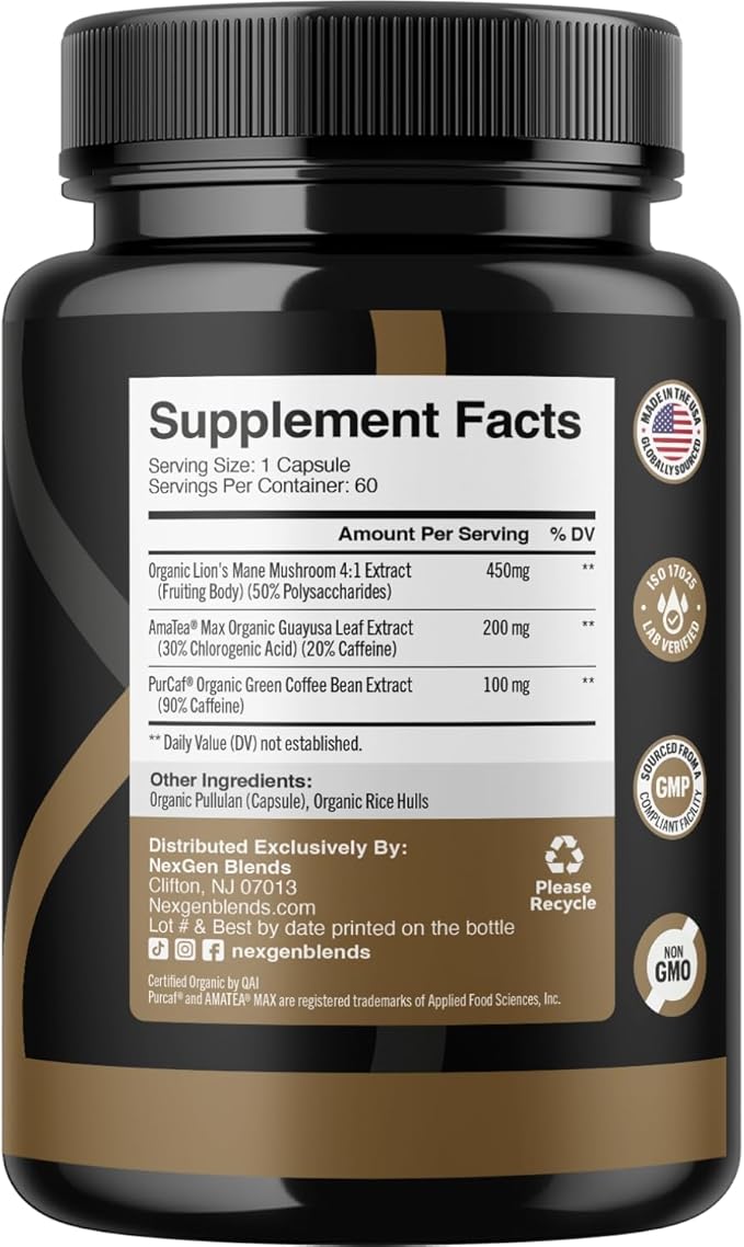 100% Organic Mushroom Coffee Capsules - Natural Energy Supplement with 130mg Caffeine from Clinically Proven Patented Green Coffee Bean &amp Guayusa Extracts for Jitter-Free Energy &amp Focus (60 Se