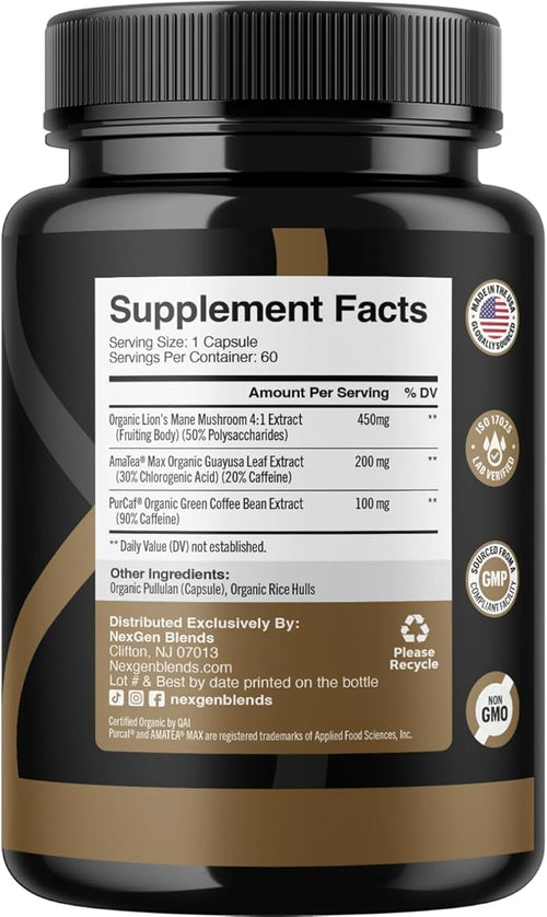 100% Organic Mushroom Coffee Capsules - Natural Energy Supplement with 130mg Caffeine from Clinically Proven Patented Green Coffee Bean &amp Guayusa Extracts for Jitter-Free Energy &amp Focus (60 Se