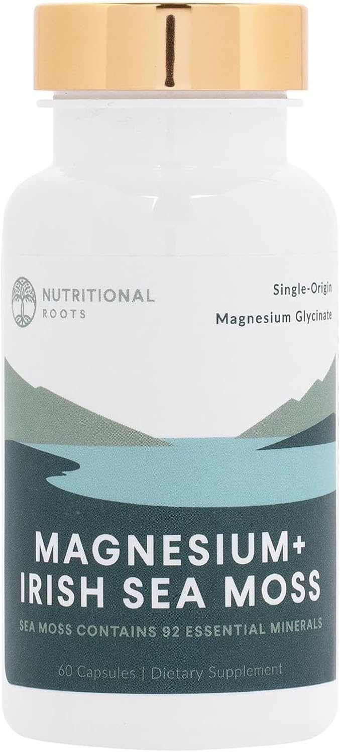 Nutritional Roots - Magnesium + Irish Sea Moss - 350mg Magnesium Glycinate &amp Organic Irish Sea Moss - Essential Minerals - Supports Heart &amp Bone Health - Dietary Supplement - 30 Servings - 60