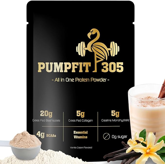PUMPFIT305 ALL-in-ONE Grass Fed Beef Protein Isolate-41g Protein + 5g Collagen + 5g Creatine Monohydrate + 4g BCAAs Probiotics NO Bloat Muscle Recovery Post Workout Recovery - Vanilla 15 Servings