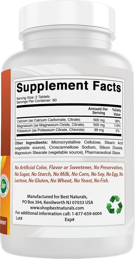 Best Naturals Calcium Magnesium Potassium - 120 Tablets - Non-GMO &amp Gluten Free (Pack of 2)