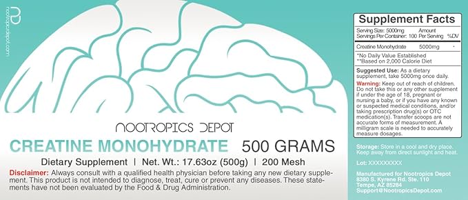 Nootropics Depot Creatine Monohydrate 200 Mesh Powder 500 Grams