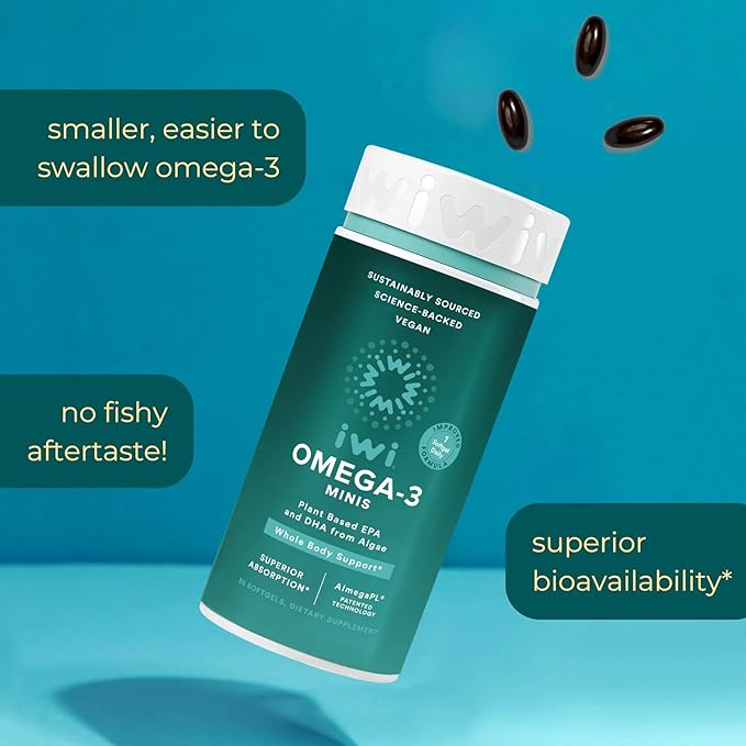 Iwi Omega-3 Mini Softgels (30 Servings) Easy to Swallow Plant-Based Algae Omega 3 with EPA + DHA Whole-Body Support Dietary Supplement Krill &amp Fish Oil Alternative No Fishy Aftertaste