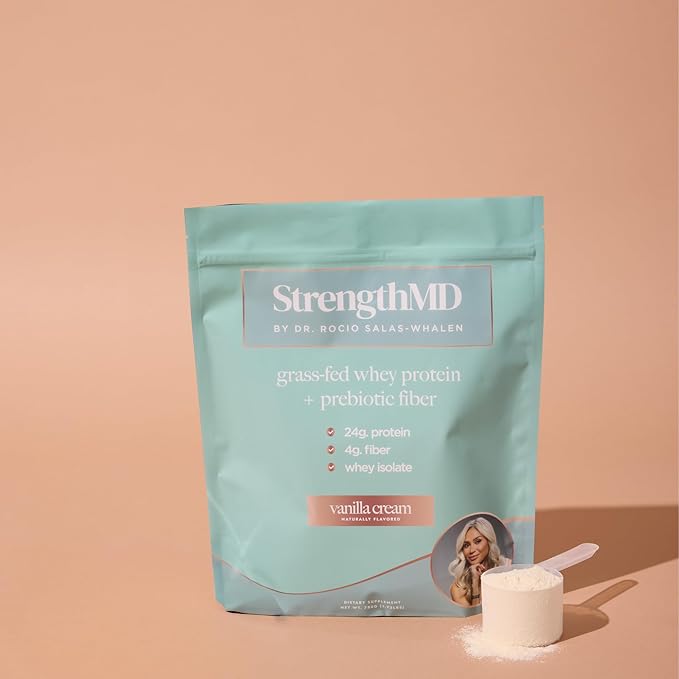 StrengthMD Physician Formulated Protein + Fiber Shake for GLP-1 Support | 24g Protein Grass-Fed Whey 4g Fiber &amp Digestive Enzymes Low Carb No Added Sugar Vanilla 1.72 lb