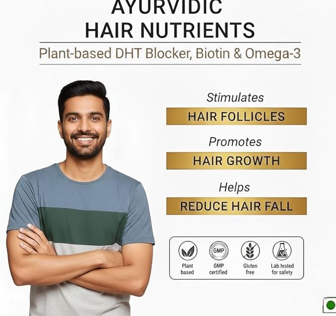 DHT Blocker Ayurvedic Hair Nutrients Vitamins - Plant Based Gluten Free | Biotin Omega-3 &amp Flaxseeds | Controls Hair Fall &amp Stimulates Follicles | 100% Veg | 60 Capsules