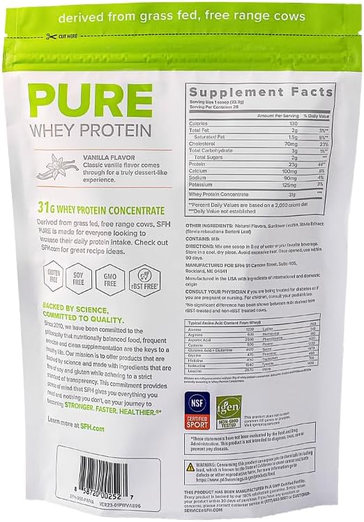SFH Pure Whey Protein Powder (Vanilla) Best Tastin Grass Fed Whey | All Natural | Non-GMO No Artificials Soy Free Gluten Free | (Vanilla 31.9 Ounce (Pack of 1)