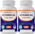Vitamatic Vitamin B6 (Pyridoxine HCI) 500 mg – 120 Vegetarian Tablets - 2 Pack Promotes Energy Production Boosts Metabolism &amp Immune Health Support