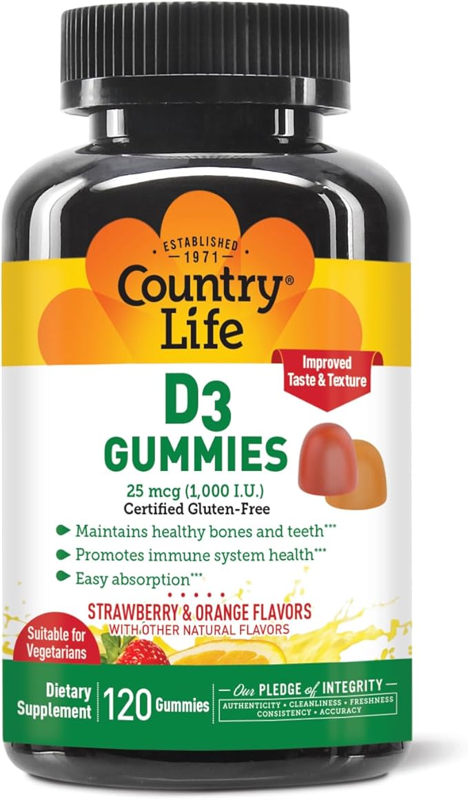 Country Life Strawberry &amp Orange D3 Gummies 120 CT