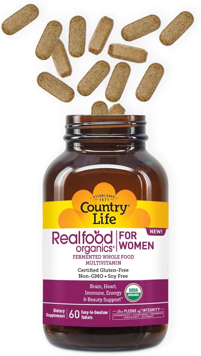 Country Life Realfood Organics Women’s Multivitamin – USDA Organic Vegan Gluten-Free – 1300mg Fermented Whole Foods Vitamins D E B Folate &amp Biotin – Daily Energy &amp Beauty – 60 Tablets