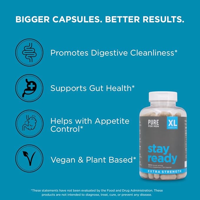 Pure for Men Stay Ready Fiber Extra Strength Supplement | Digestive Regularity | Bowel Movement &amp Gut Health Support | Vegan Cleanliness | Proprietary Formula | 120 Vegan XL Capsules