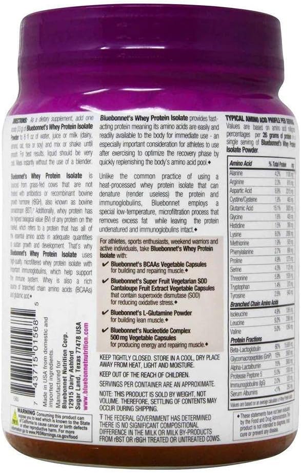 Bluebonnet Nutrition Whey Protein Isolate Powder Whey From Grass Fed Cows 26g of Protein No Sugar Added Gluten Free Soy free kosher Dairy 1 Lb 14 Servings Chocolate Flavor