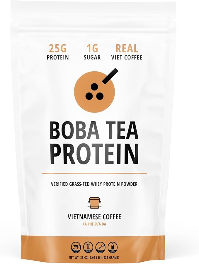 Boba Tea Protein Vietnamese Coffee | 25g Grass-Fed Whey Protein Isolate Powder | 112mg Caffeine | Gluten-Free &amp Soy-Free Bubble Tea Drink | Real Ingredients &amp Lactose-Free Protein Drink | 25 S