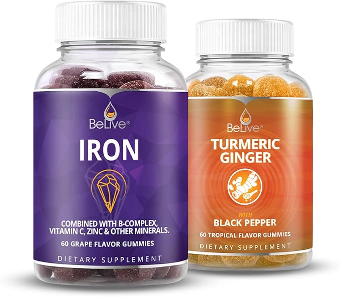 BeLive Iron and Turmeric for Blood Oxygen Energy Immune Support Healthy Skin and Mobility Support