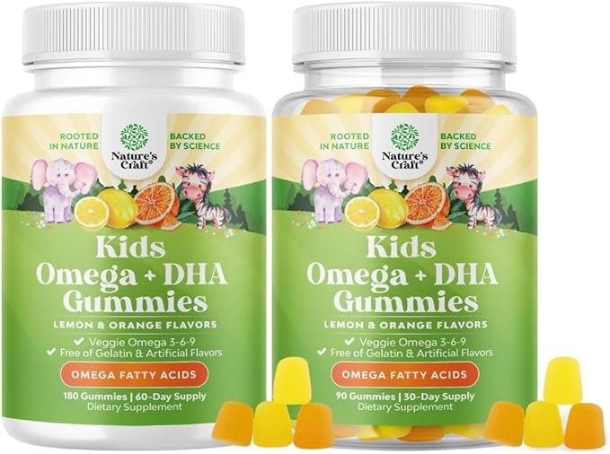 Bundle of Omega DHA Gummies for Kids - Fatty Acids Omega 3 6 9 with Vitamin C for Brain Immunity &amp Vision - Nutritional DHA for Healthy Nervous System &amp Focus Support - Vegetarian &amp Glute