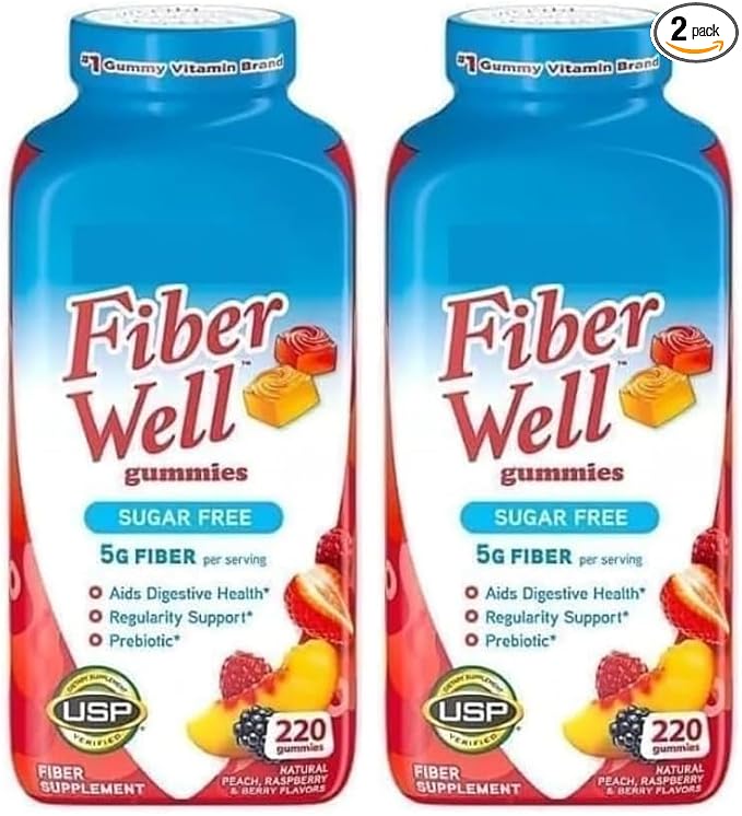 Vita Fiber Well Gummies Sugar Free Peach Raspberry &amp BlackBerry Flavors 220 Count (2 Pack)