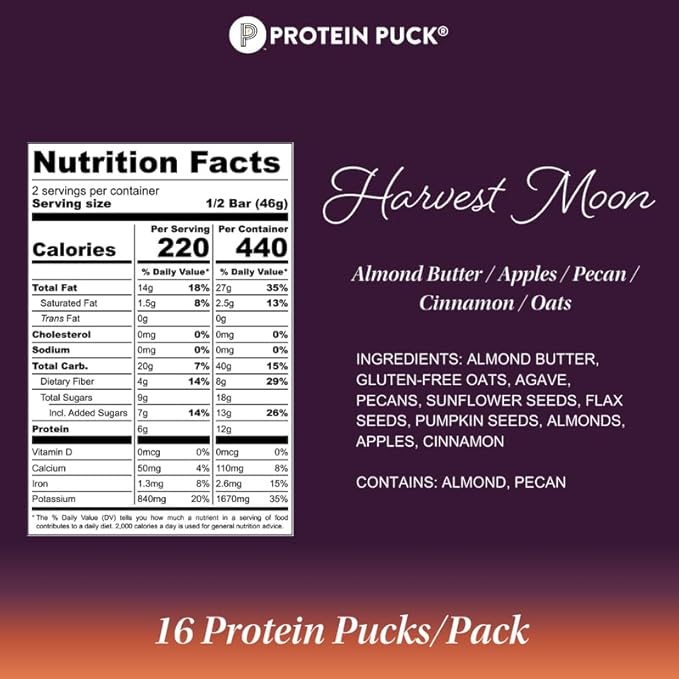 Protein Puck Plant Based Bars | Snacks with Vegan Protein | 16 Count | 3.25 oz Full Size | Gluten Free Non Dairy Kosher Certified Non GMO Premium Healthy Bars | Harvest Moon