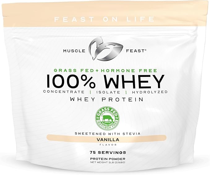 Muscle Feast 100% Whey Concentrate Isolate &amp Hydrozlyed Blend - Vanilla 5lb (x1) and Micellar Casein Protein Powder - Chocolate 4lb (x1) - Grass Fed All Natural Hormone-Free Whey Protein
