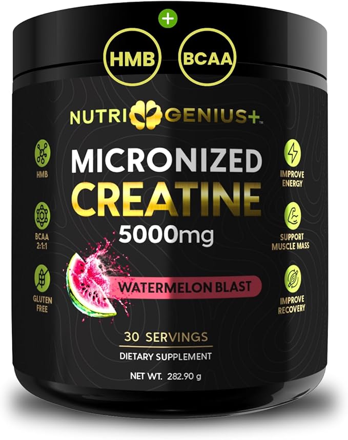 Creatine Monohydrate 5g with BCAAs –Support Muscles Cellular Energy and Cognitive Function* – Watermelon Micronized Powder – 30 Servings Keto Friendly - Gluten-Free