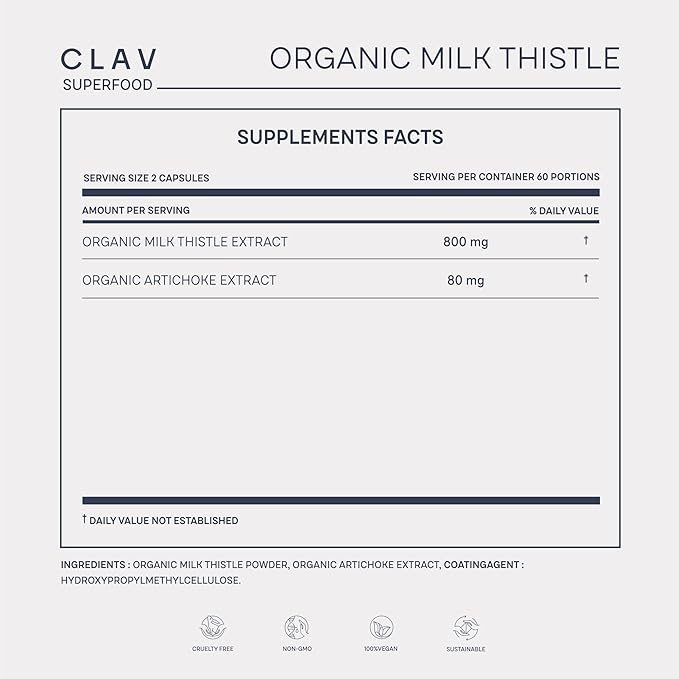 CLAV Organic Milk Thistle &amp Artichoke Extract Complex -Rich in Silymarin &amp Bitters - Liver Support + Detox Supplement - 120 Capsules (60 Days Supply) - Vegan - Made in Germany