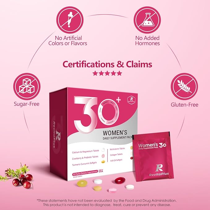 Multivitamin for Women with Vitamin ABCD3EK2Biotin CollagenKrill OilCranberries Supports EnergyWellnessBeauty and Immune - Vitamin Packs for Women Health 30 Packs