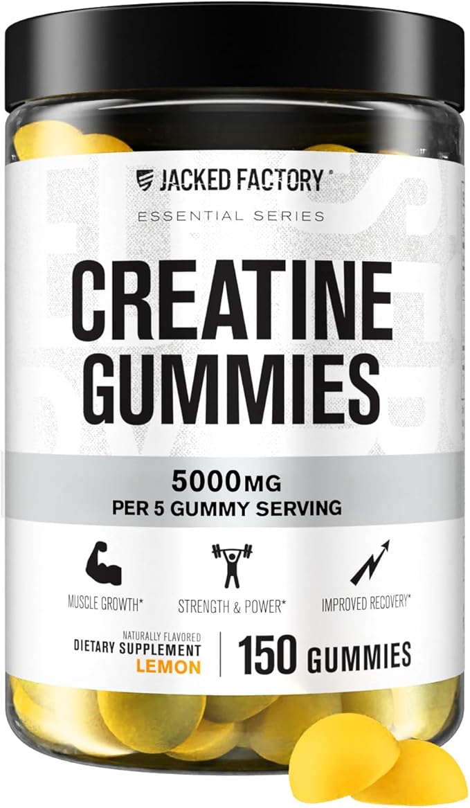 Jacked Factory Creatine Gummies 5g Daily Dose (1g per Gummy) - Creatine Gummy for Men and Women Vegan-Friendly Travel-Friendly Third-Party Tested - 150 Gummies Lemon