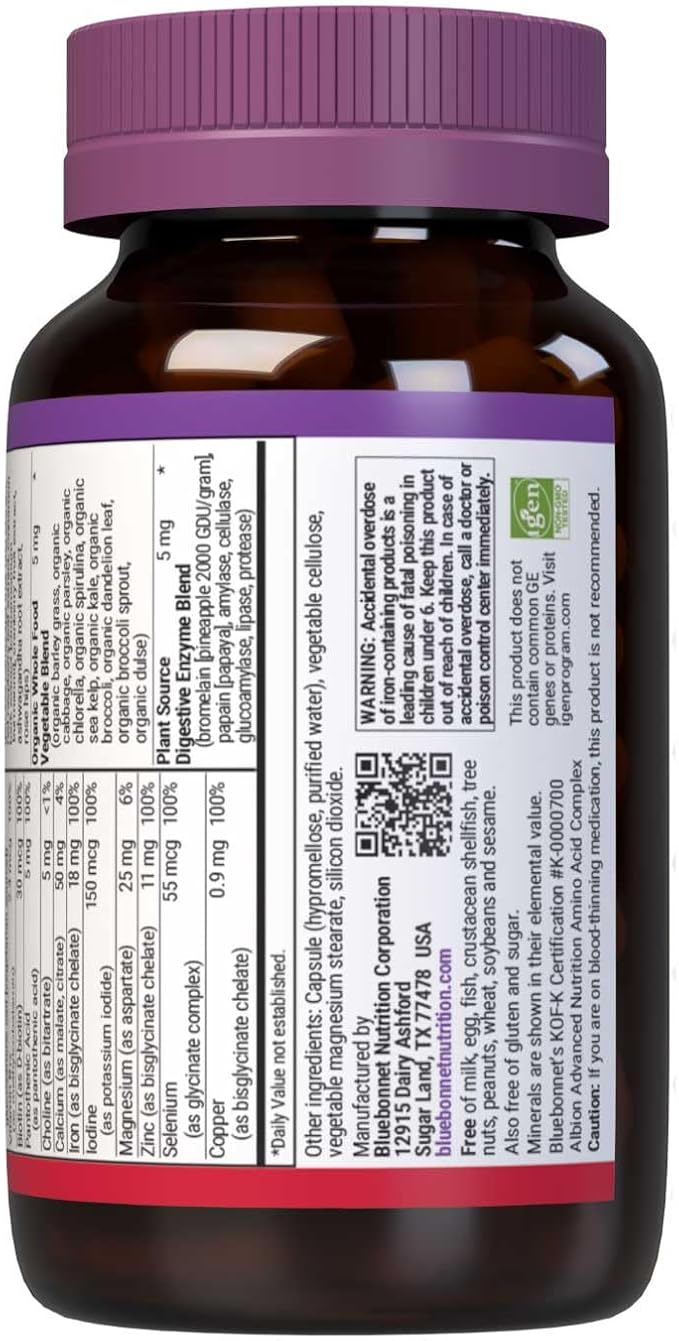 BlueBonnet Nutrition Ladies One Vegetable Capsule Whole Food Multiple K2 Organic Vegetable Energy Vitality Non-GMO Gluten Free Soy Free Milk Free Kosher 60 Vegetable Capsule 2 Month Supply