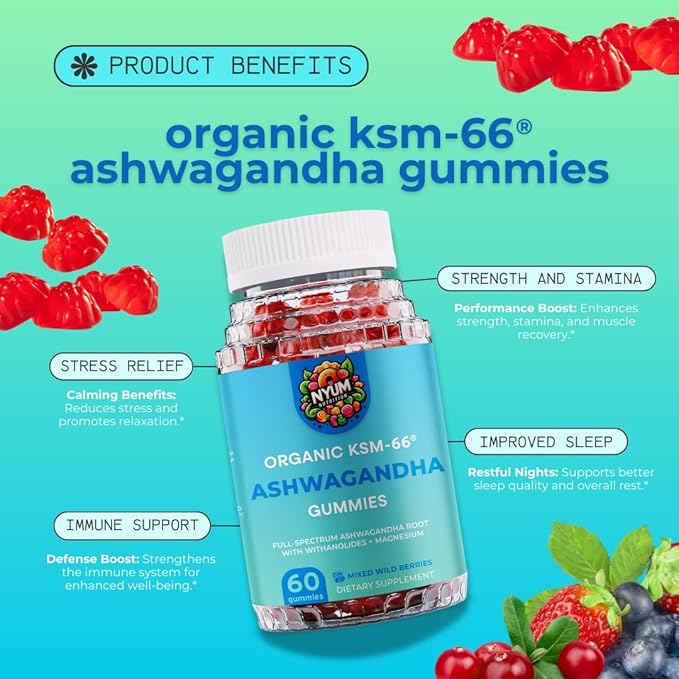 Generic Nyum Nutrition Organic KSM-66 Ashwagandha Gummies 60 Count Mixed Wild Berries Red/Blue